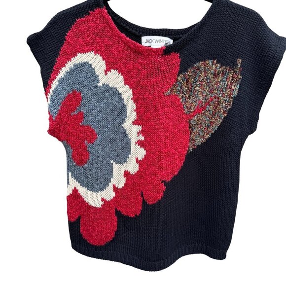 Jack Winter Vintage Womens Floral Knit Black Red Gray Short Sleeve Sweater Top S - Picture 1 of 9